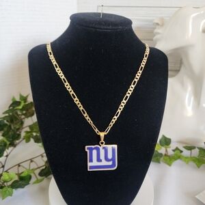 Gold Stainless Steel Figaro Chain Necklace with NY Giants Pendant